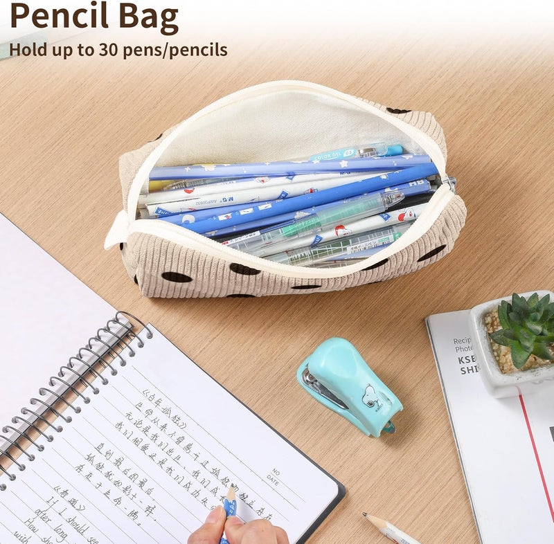 Purbert Pencil Bag Pen Case, Soft Corduroy Small Pencil Pouch Organizer with Zipper, Cute Pencil Case Pouch Stationery for Girls and Boys – Dot Beige - Image 5